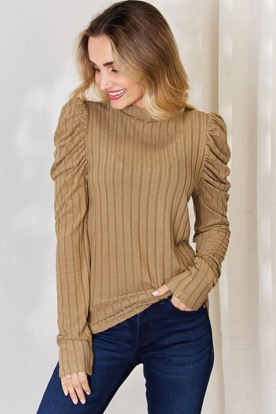 Ribbed Mock Neck Puff Long Sleeve Top