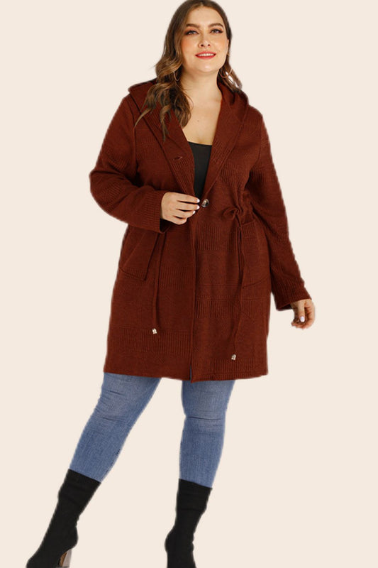 Brick Red Plus Size Drawstring Hooded Cardigan with Pockets