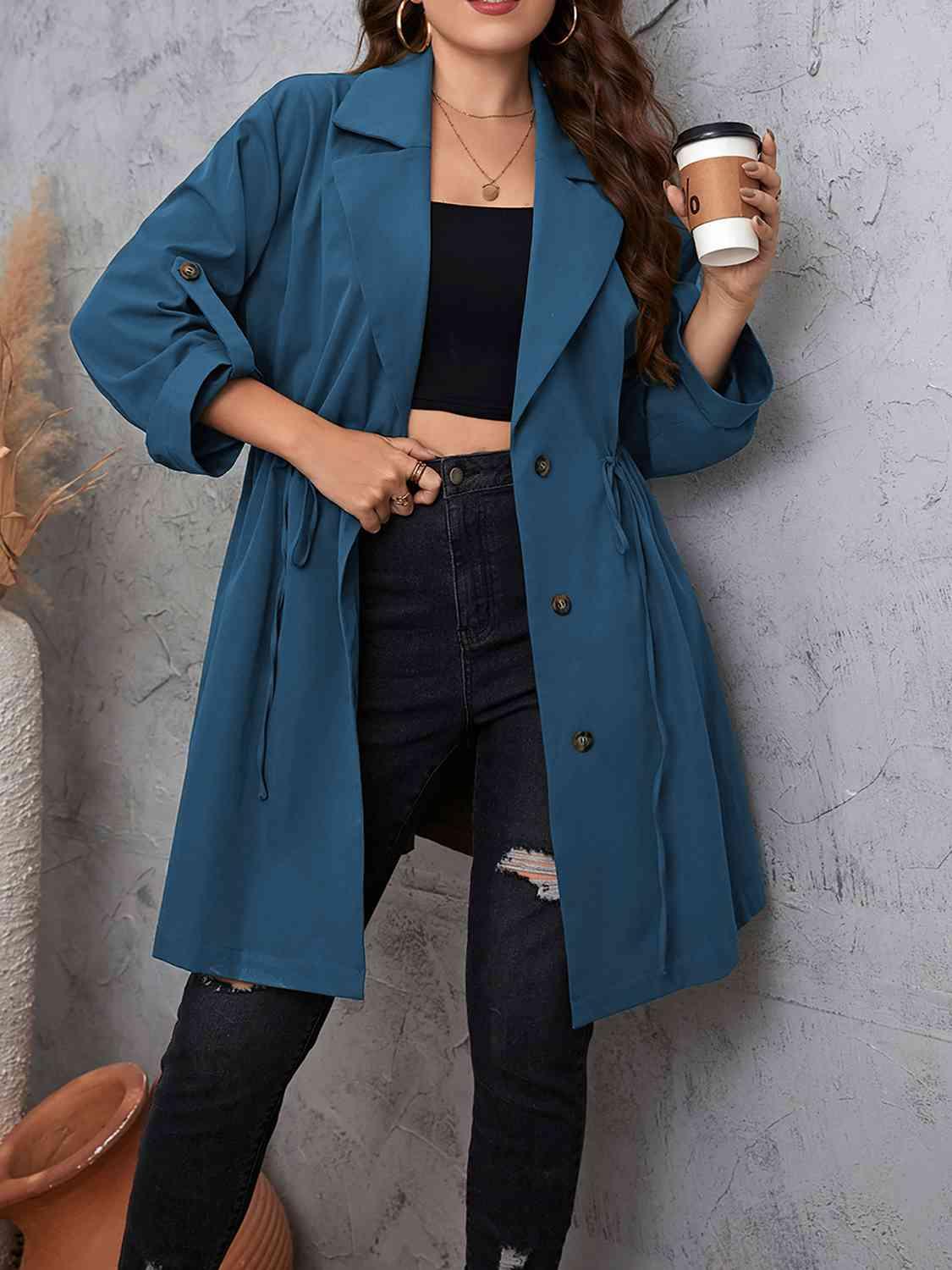 Plus Size Drawstring Trench Coat Dusty Blue Trendsi Trench Coat