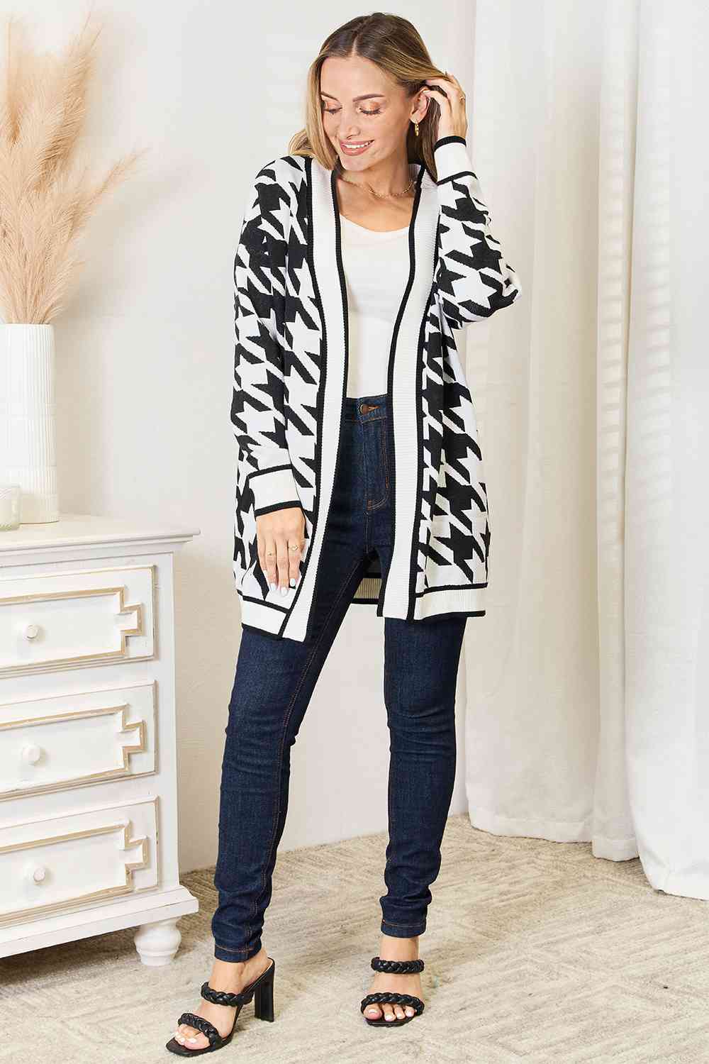 Giant Houndstooth Open Front Longline Cardigan