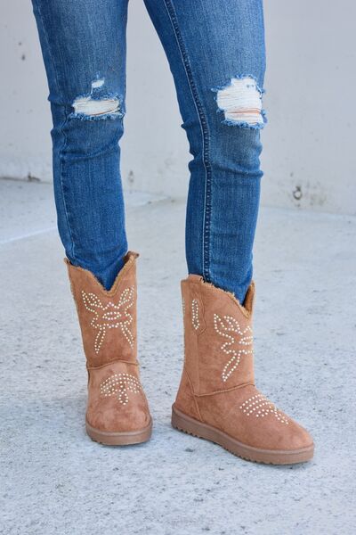 Tan Furry Flat Rhinestone Boots