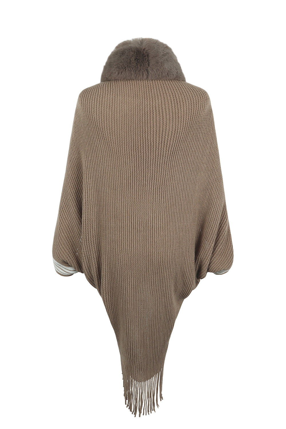 Fur Trim Striped Fringe Long Sleeve Sweater - Bazaare Mart