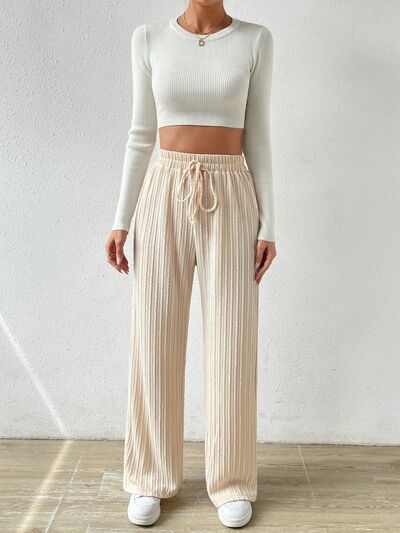 Beige Drawstring Wide Leg Pants