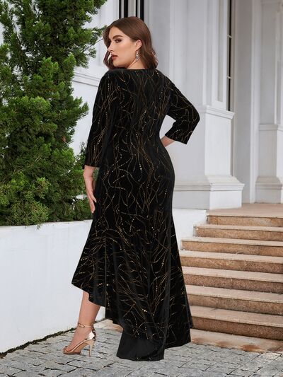 Formal Plus Size Velvet Ruffle Hem Sparkly High-Low Dress