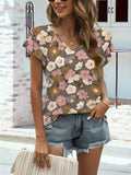 Floral V-Neck Cap Sleeve T-Shirt Charcoal Trendsi Short Sleeve Flower Top