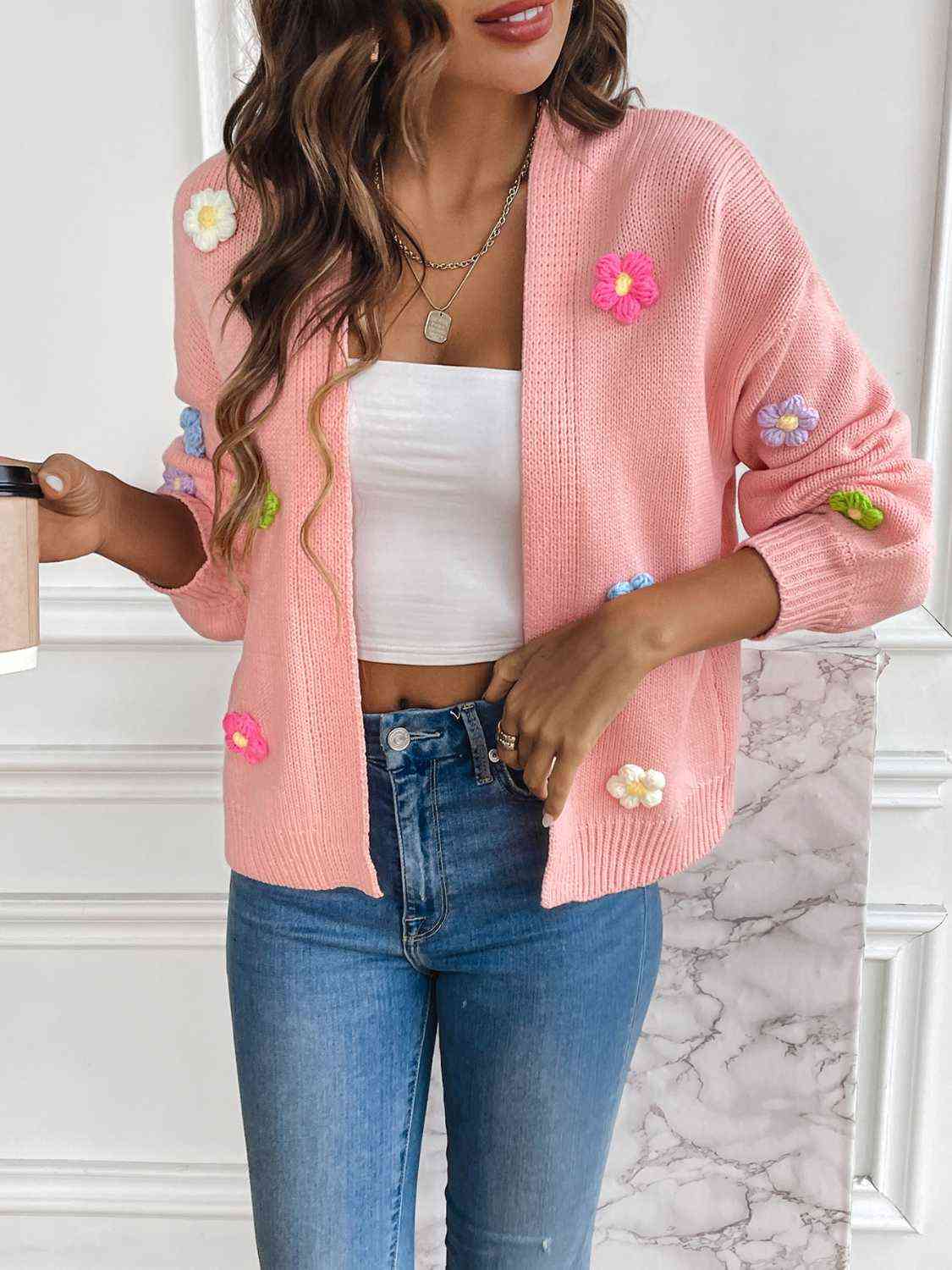 Sweet Embroidered Floral Open Front Cardigan
