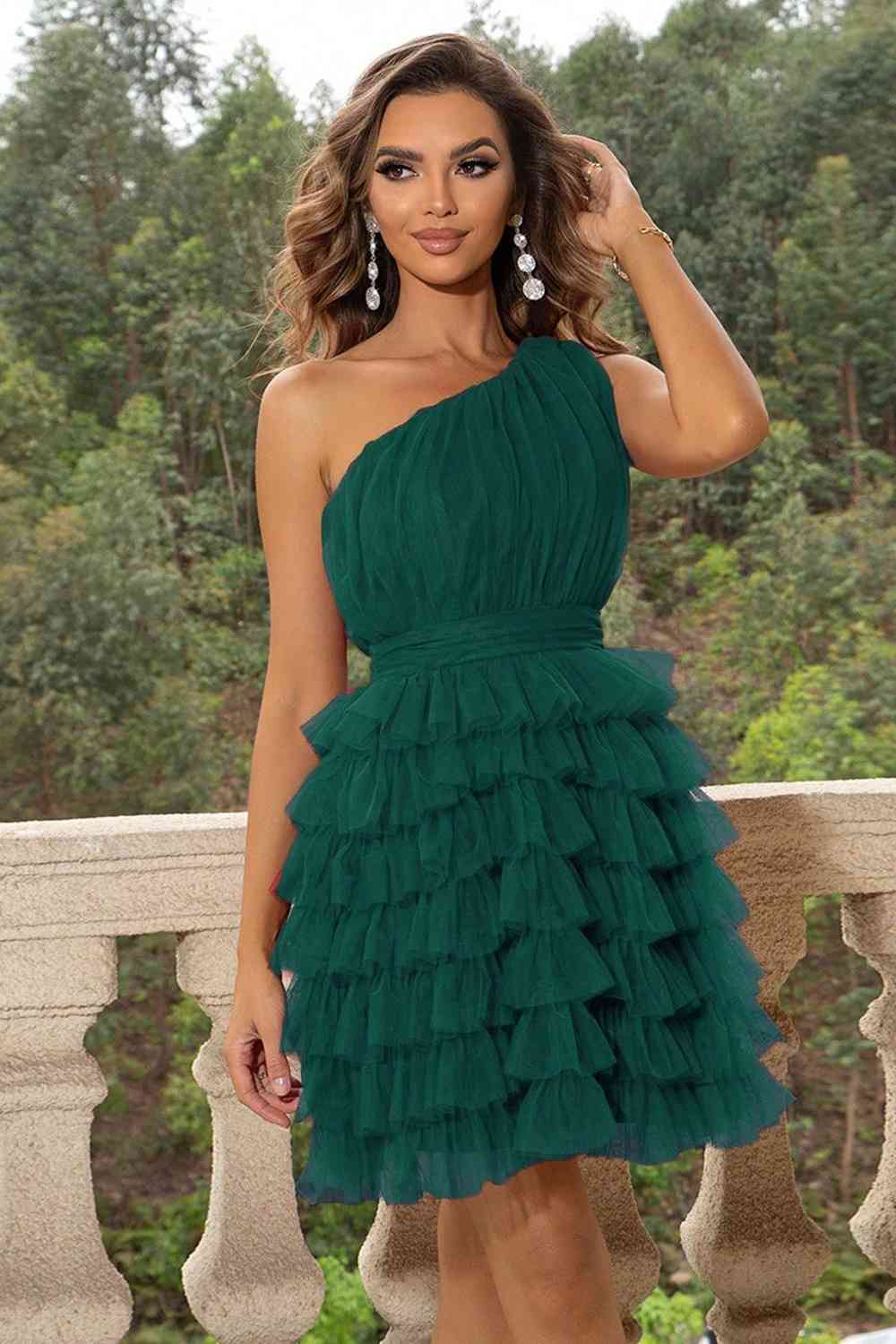 Formal One-Shoulder Sleeveless Frilly Dress