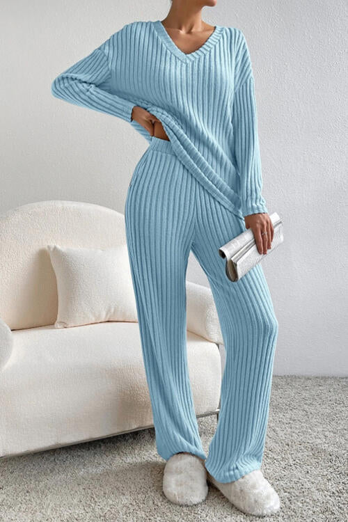 Ladies Ribbed V-Neck Loungewear Set