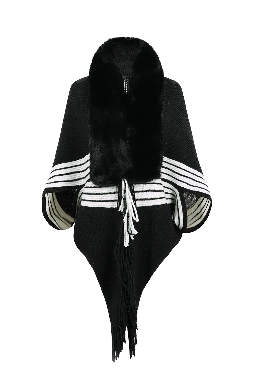 Fur Trim Striped Fringe Long Sleeve Sweater - Bazaare Mart