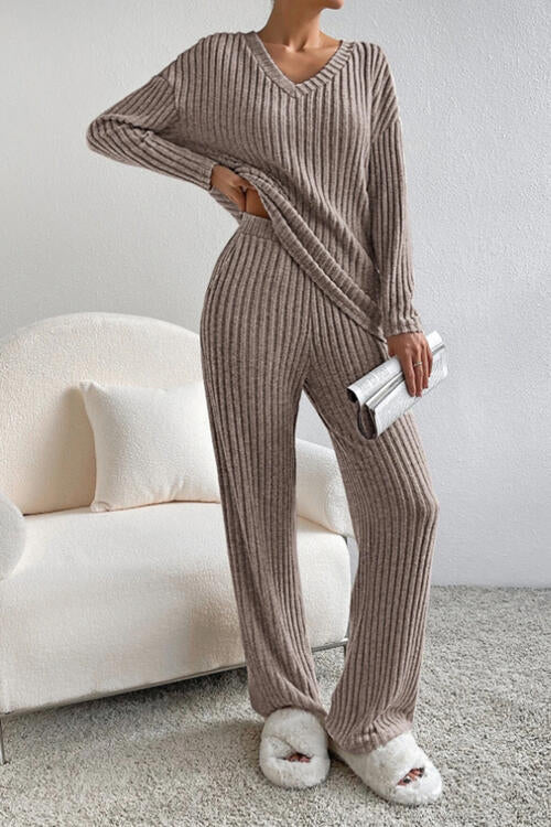 Ladies Ribbed V-Neck Loungewear Set