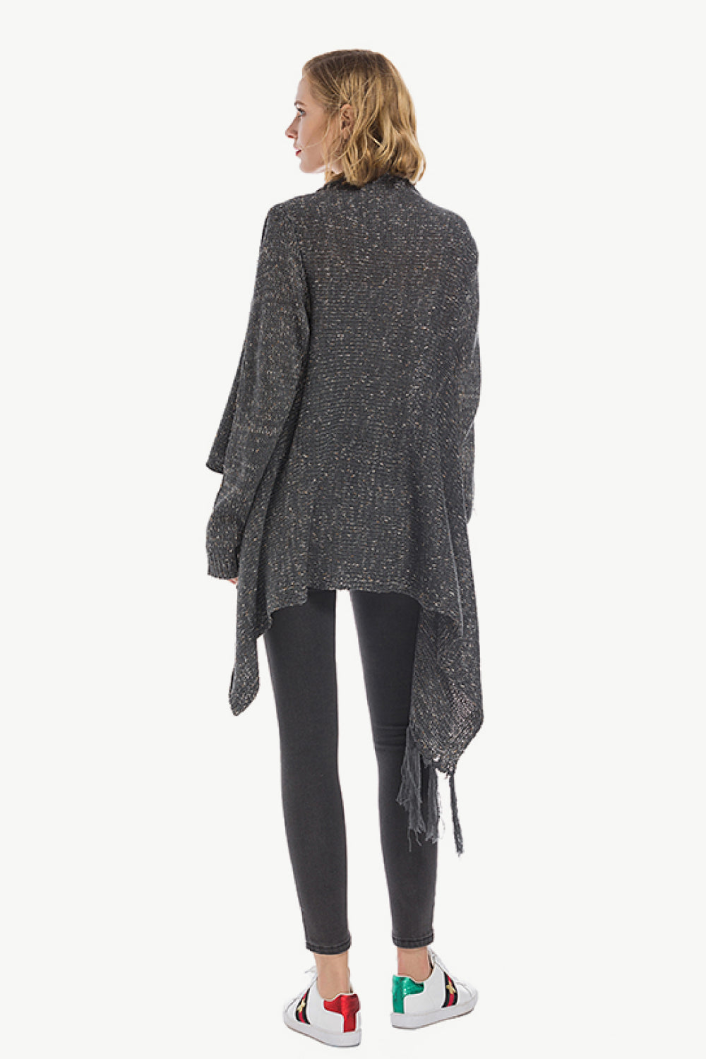 One-Button Tassel Tie Asymmetrical Hem Cardigan - Bazaare Mart