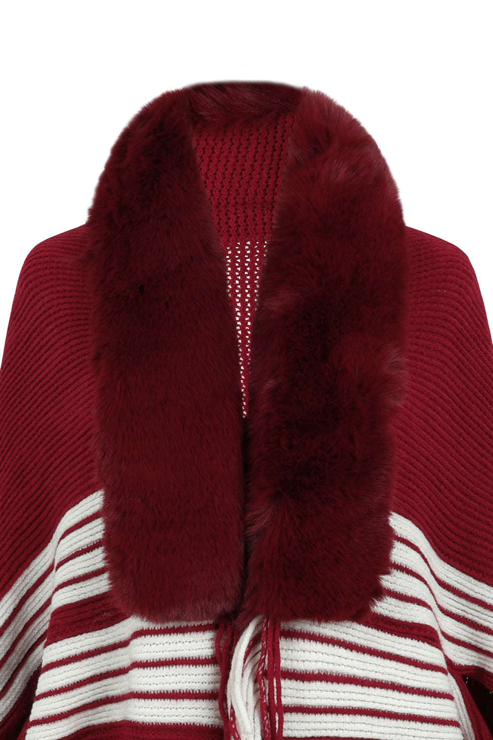 Fur Trim Striped Fringe Long Sleeve Sweater - Bazaare Mart