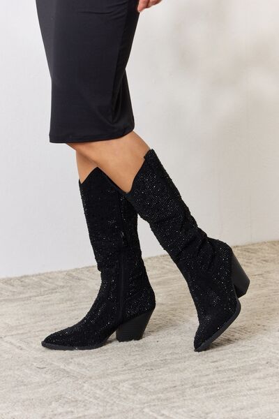 Black Rhinestone Knee High Cowgirl Boots