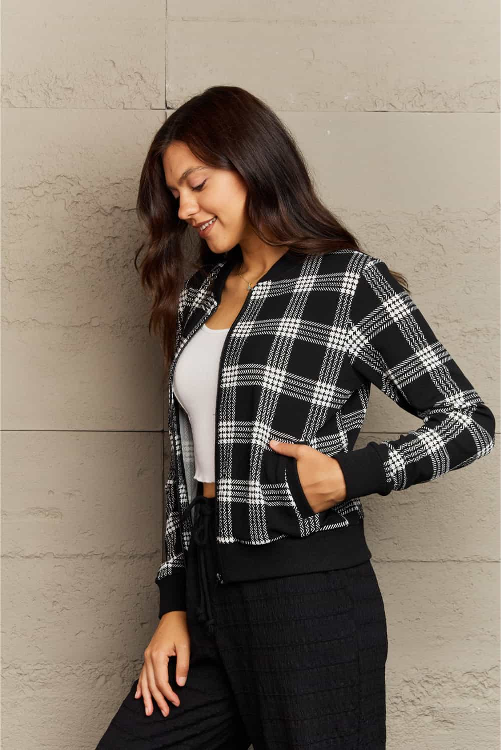 B & W Plaid Collarless Jacket