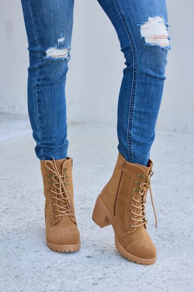 Lace-Up Zipper Detail Block Heel Combat  Boots