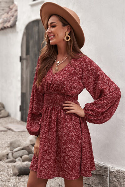 Peasant Dress Red Floral V-Neck with Long Balloon Sleeves