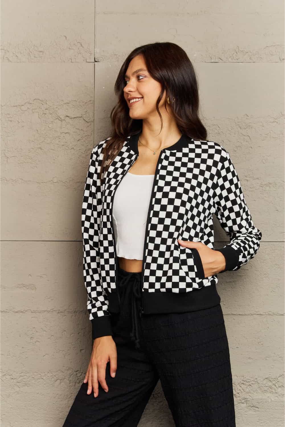 B & W Plaid Collarless Jacket