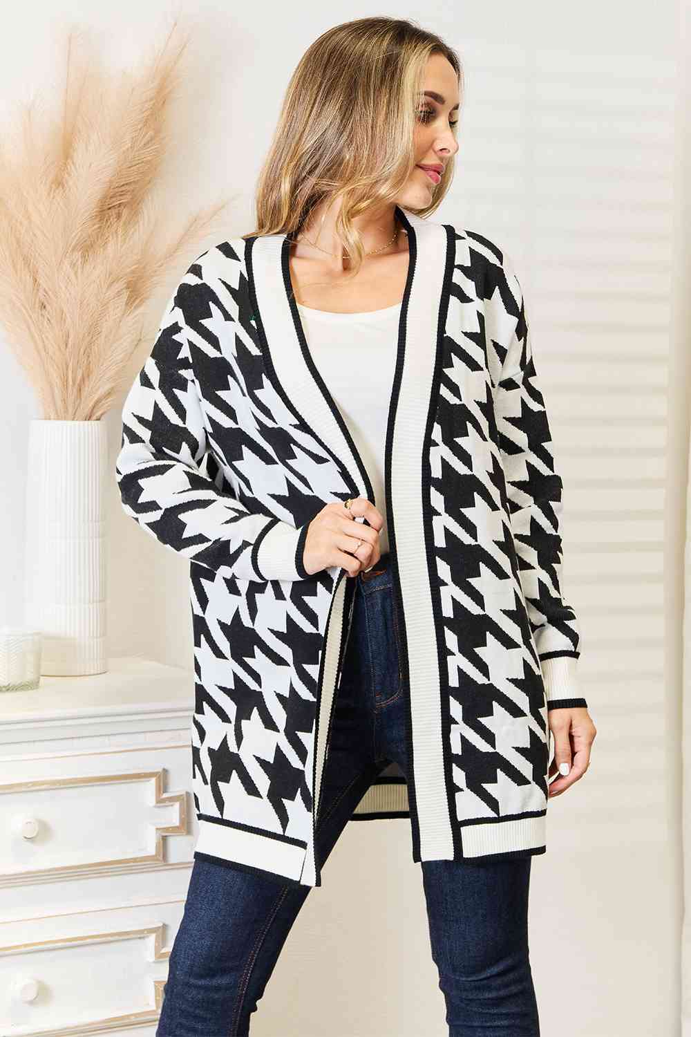 Giant Houndstooth Open Front Longline Cardigan