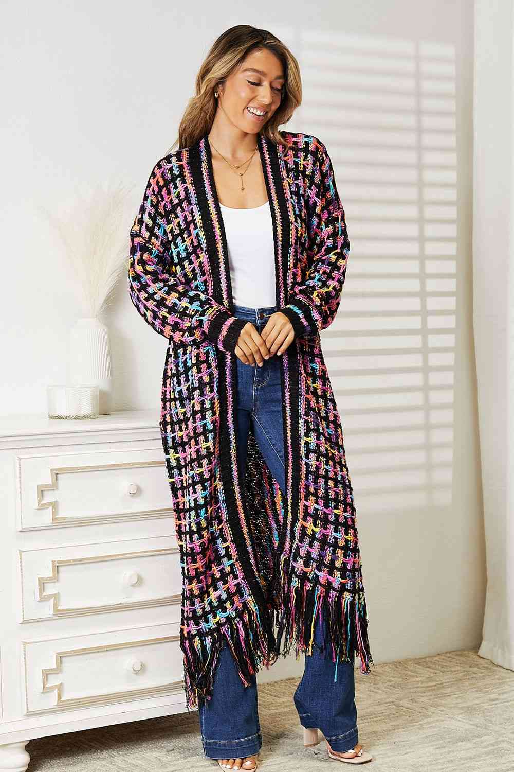 Colorful Fringe Hem Long Cardigan