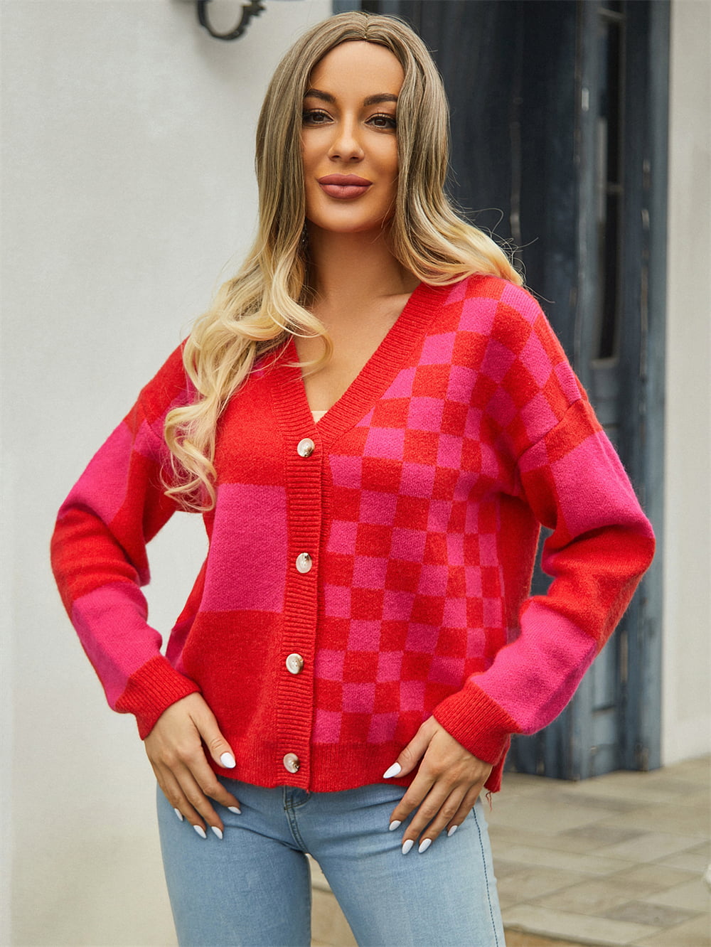 Plaid V-Neck Dropped Shoulder Cardigan - Multi