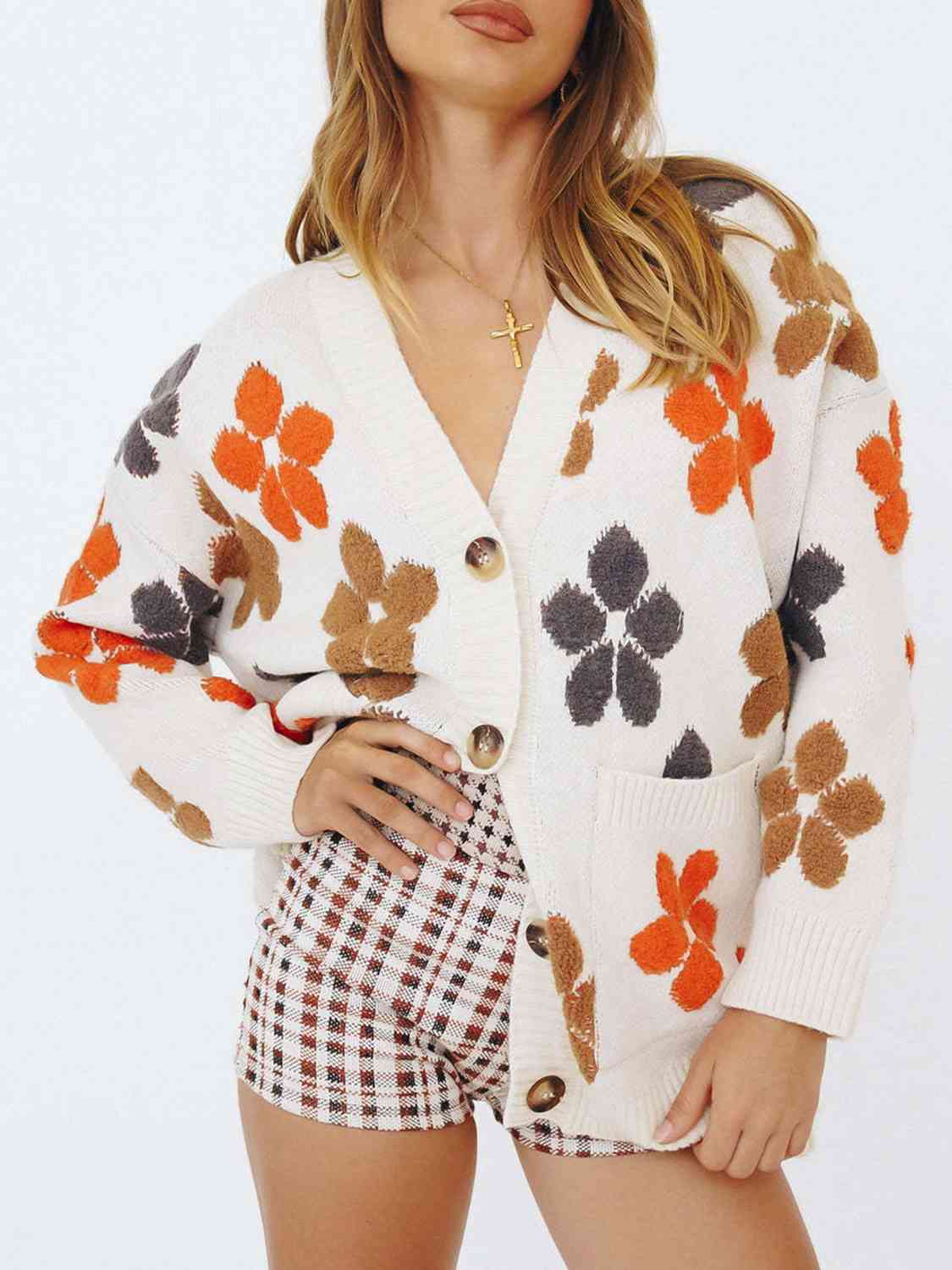 White Colorful Floral V-Neck Cardigan