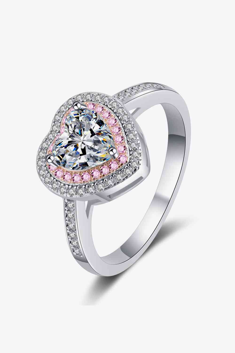 Silver Rhodium-plated 1 Carat Heart Shaped Moissanite Double Halo with Pink Stones  Ring