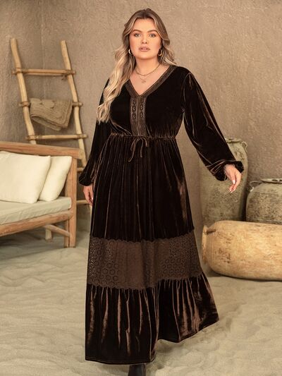 Brown Velvet Plus Size V-Neck Balloon Sleeve Maxi Dress 