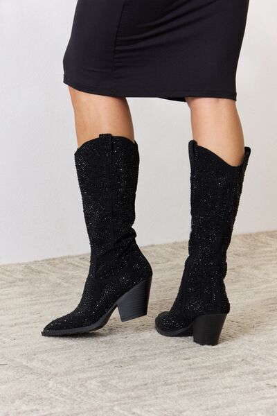 Black Rhinestone Knee High Cowgirl Boots