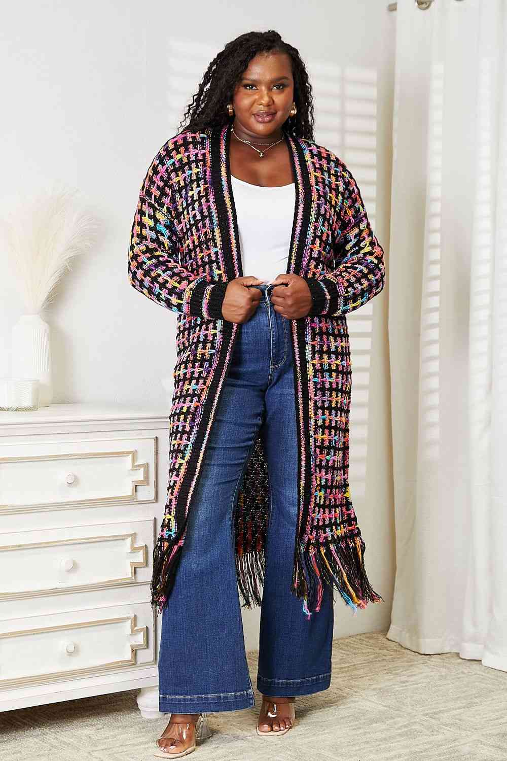 Colorful Fringe Hem Long Cardigan