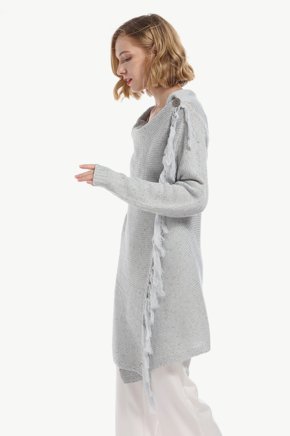 One-Button Tassel Tie Asymmetrical Hem Cardigan - Bazaare Mart