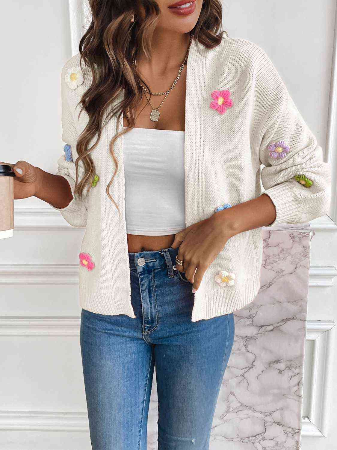 Sweet Embroidered Floral Open Front Cardigan