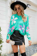Flower Round Neck Drop Shoulder Sweater Teal Bazaare Mart Pullover sweater