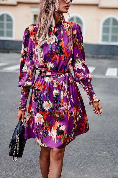 Office Dress Floral Tie Waist Lantern Sleeves