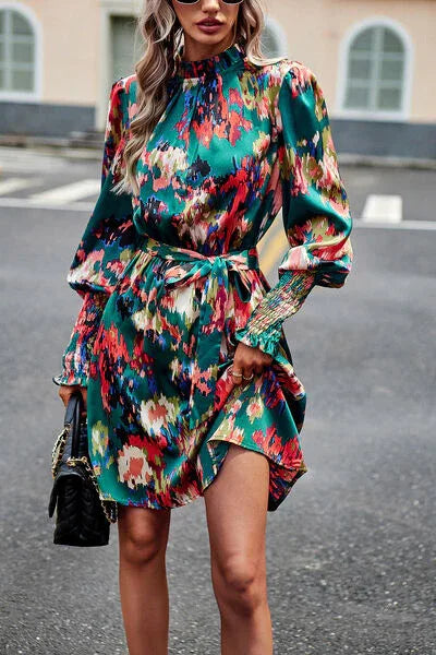 Office Dress Floral Tie Waist Lantern Sleeves Bazaare Mart Long Sleeve Dress