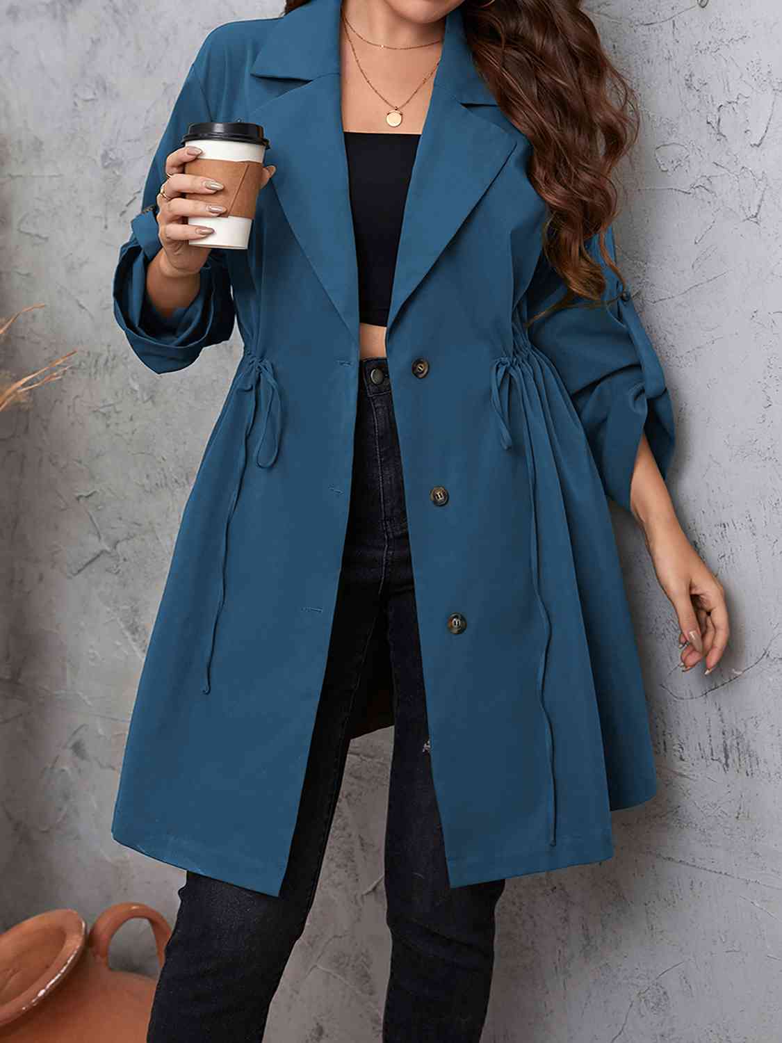 Plus Size Drawstring Trench Coat