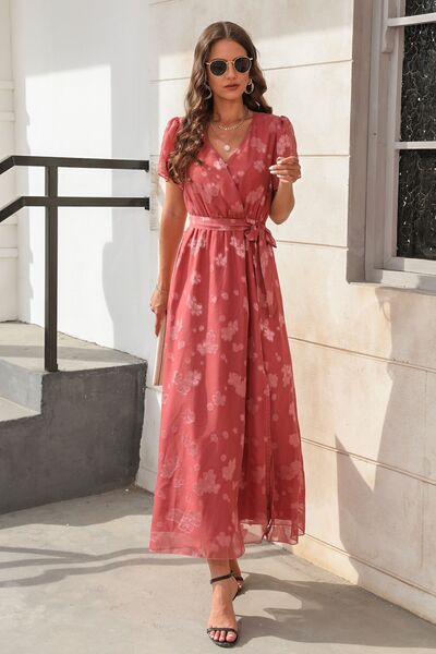 Red Floral Cap Sleeve Maxi Dress