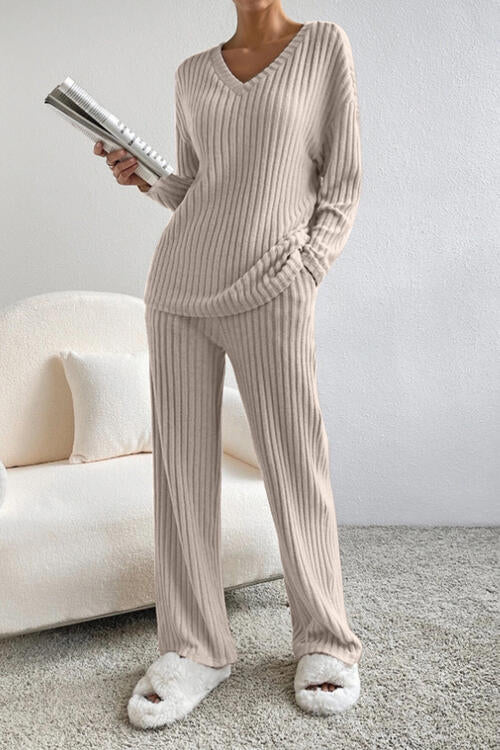 Ladies Ribbed V-Neck Loungewear Set