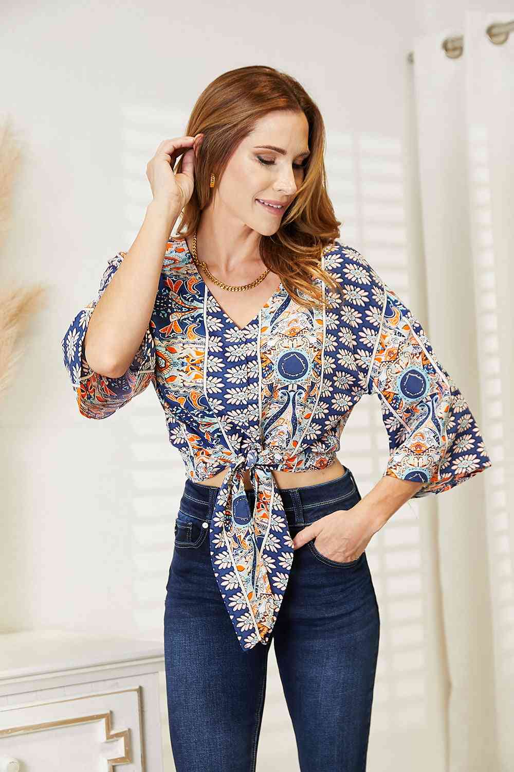 Floral Tie Waist 3/4 Length Sleeve Blouse