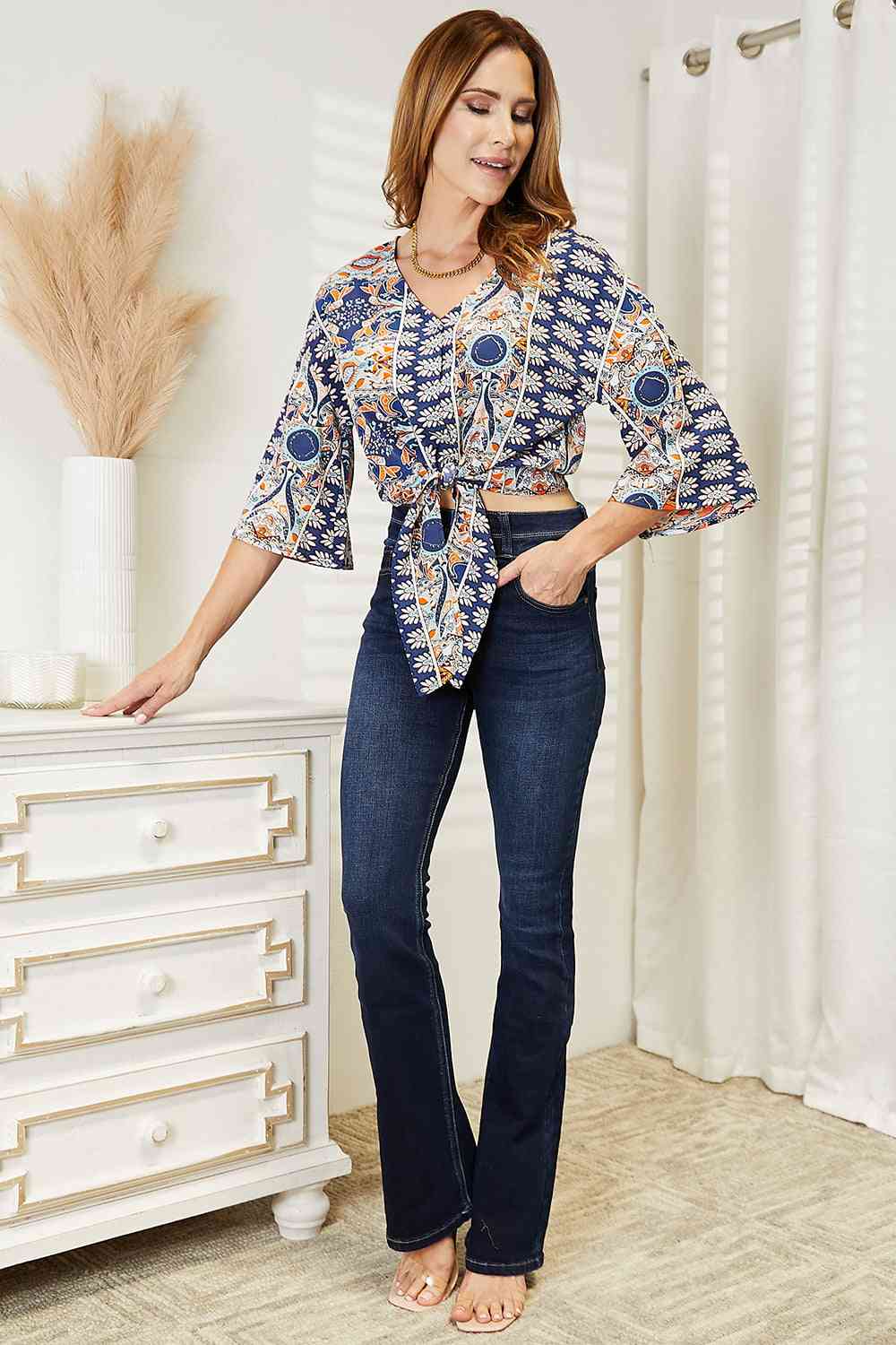 Floral Tie Waist 3/4 Length Sleeve Blouse