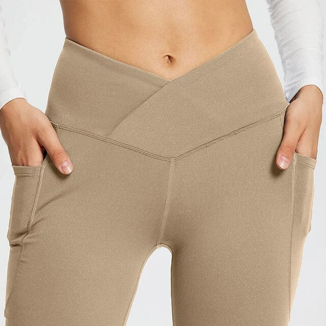 Flare Leggings, Mid Waist Crossover Yoga Pants