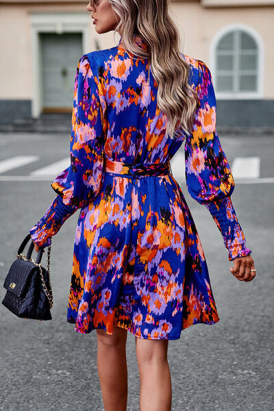 Office Dress Floral Tie Waist Lantern Sleeves