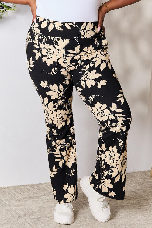 Plus Size High Waist Black & Beige Floral Flare Pants