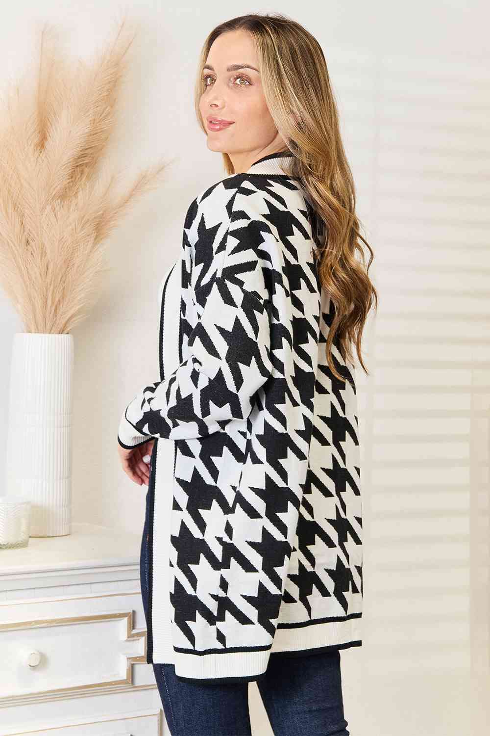Giant Houndstooth Open Front Longline Cardigan
