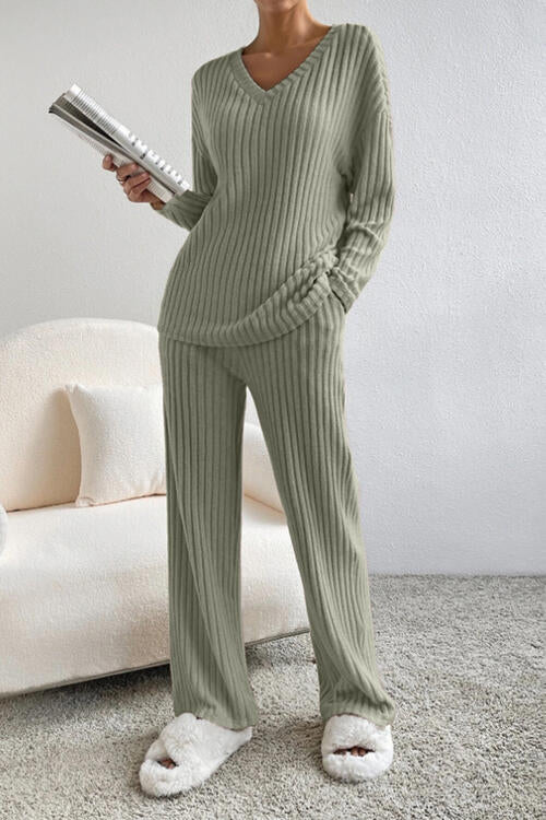Ladies Ribbed V-Neck Loungewear Set