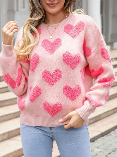 Pink Heart Dropped Shoulder Pullover Sweater