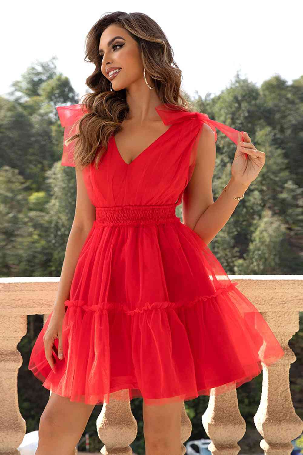 Formal V-Neck Mesh Party Dress