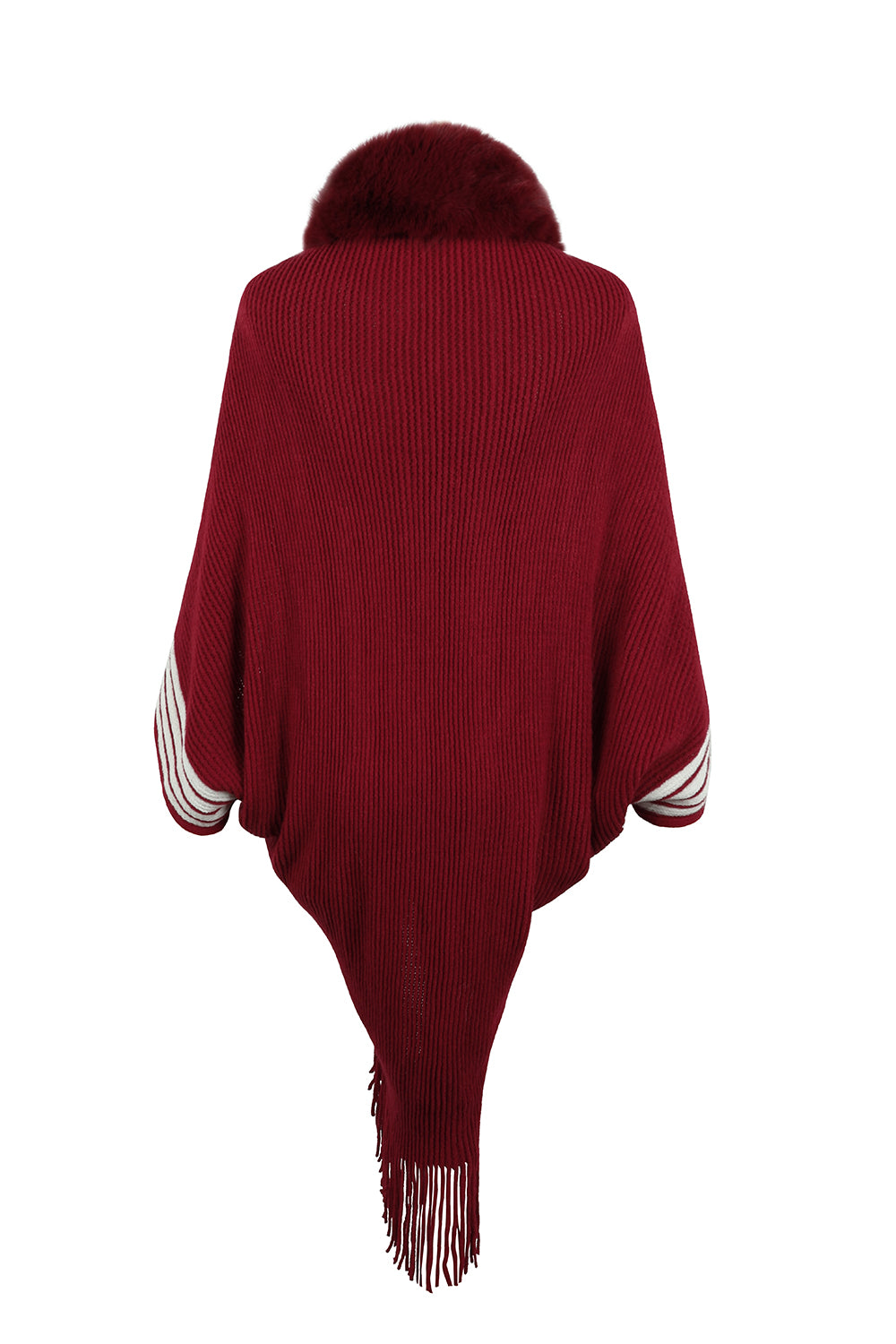 Fur Trim Striped Fringe Long Sleeve Sweater - Bazaare Mart