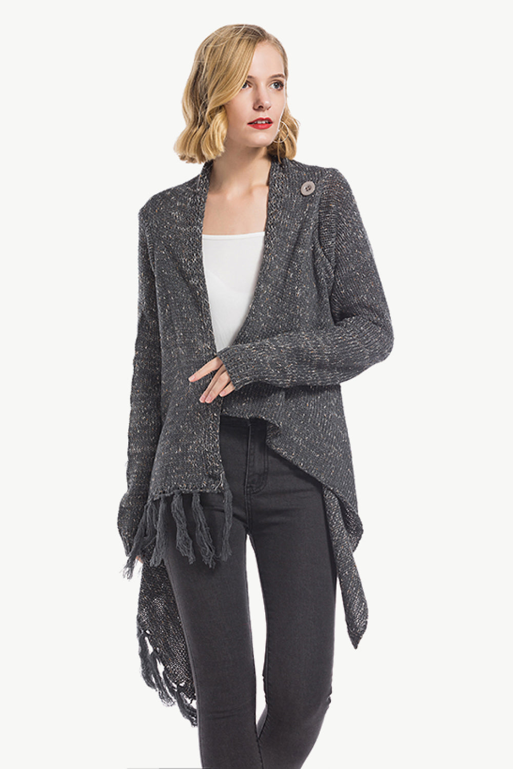 One-Button Tassel Tie Asymmetrical Hem Cardigan - Bazaare Mart