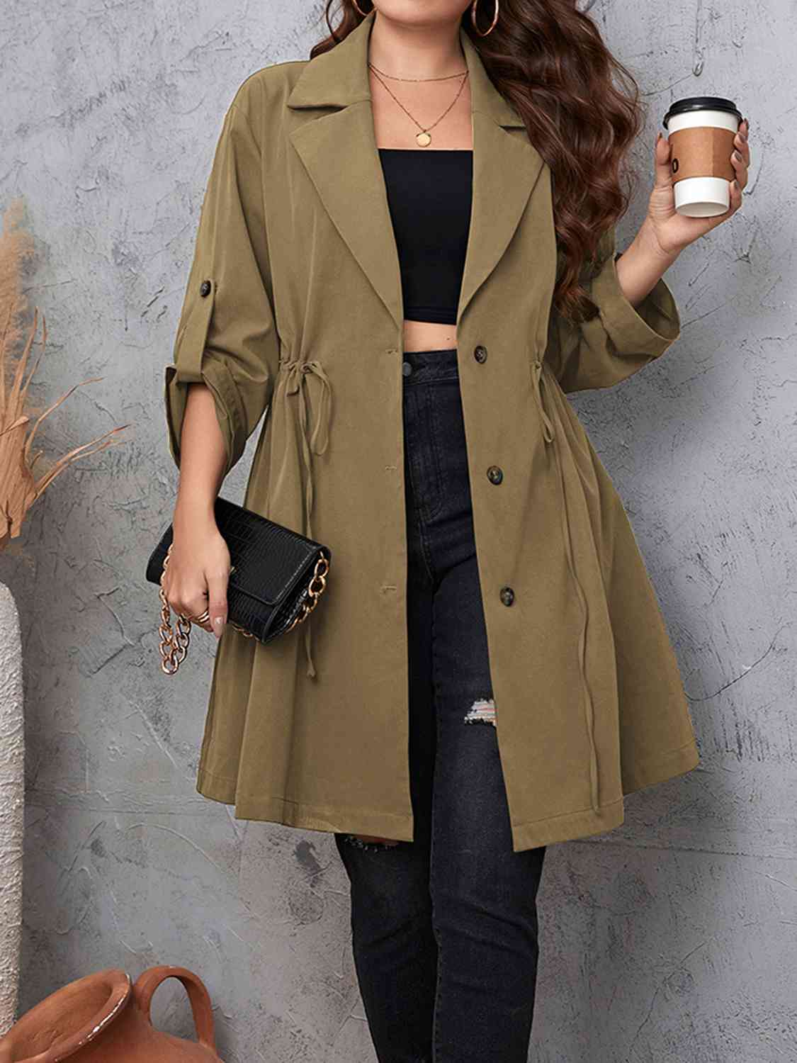 Plus Size Drawstring Trench Coat