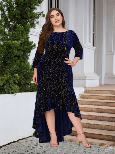 Formal Plus Size Velvet Ruffle Hem Sparkly High-Low Dress